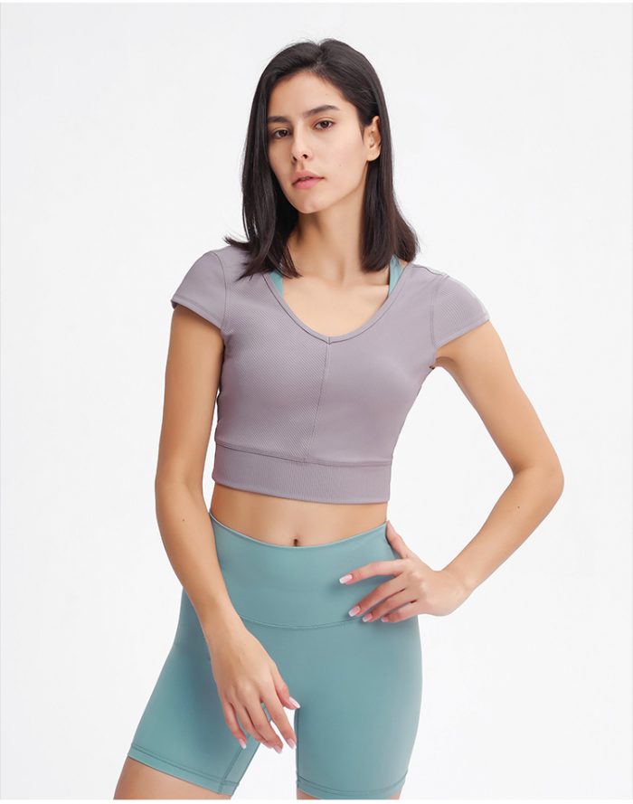Women Short Sleeve Crop Top Workout Shirts - Image 2